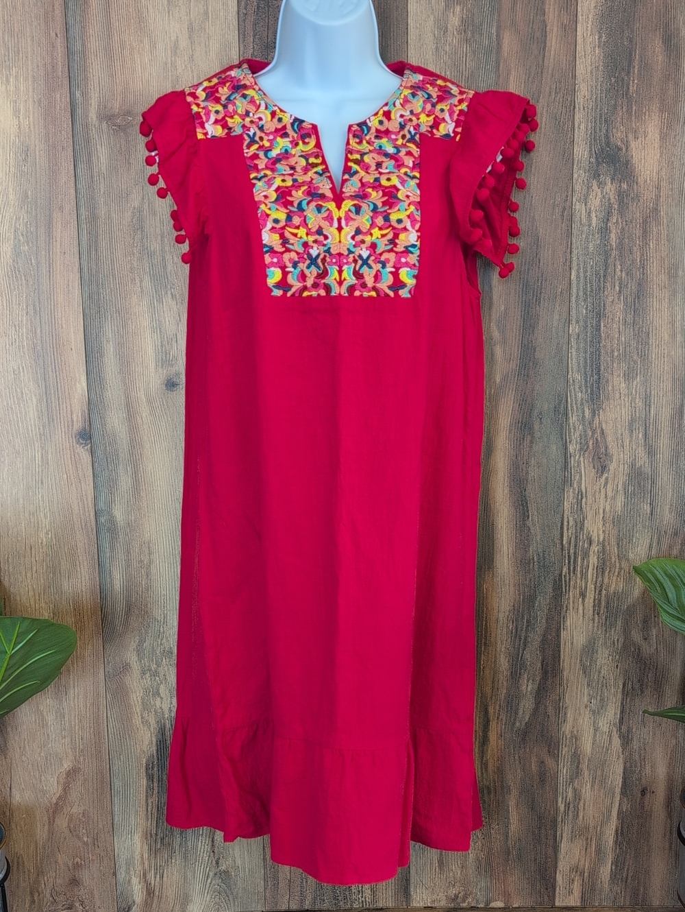 Kirundo Embroidered Red Mexican-Style Midi Dress M 750A